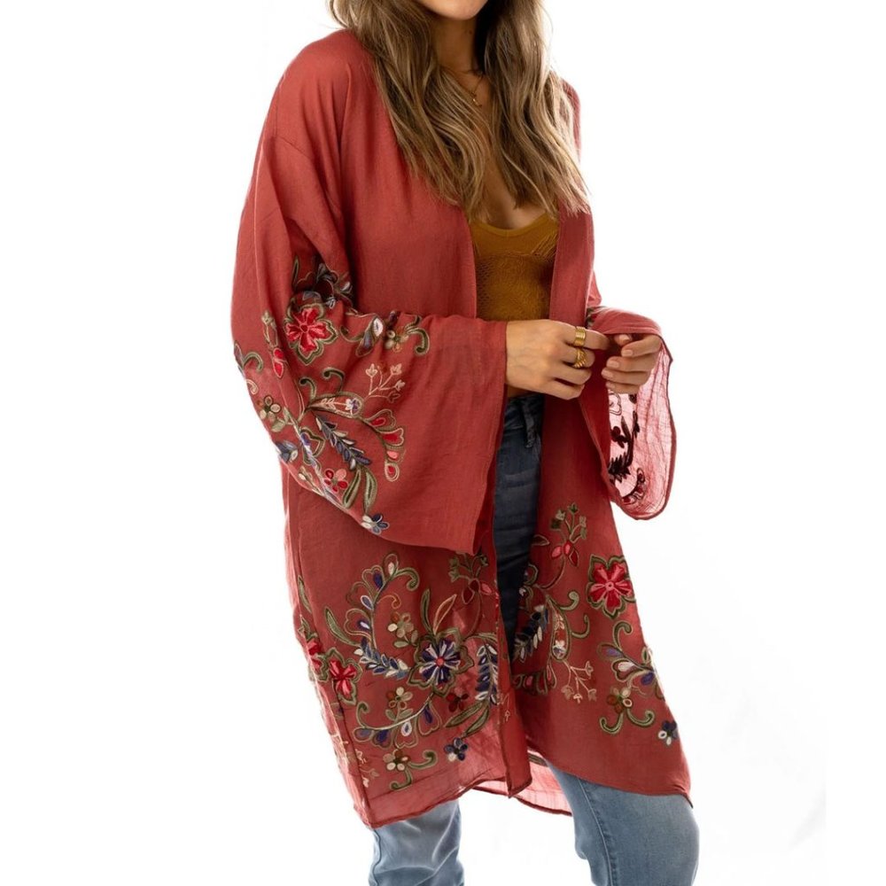 Three Bird Nest  Rust Floral Embroidered Kimono OS